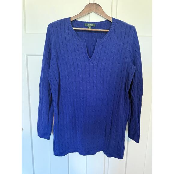 Lauren Ralph Lauren Cable Knit Sweater Size 1X Royal Blue Purple 100% Cotton - Picture 1 of 7